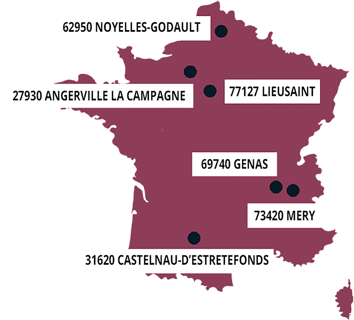 Carte des implantations noyelles-godault-lieusaint-genas-mery-castelnau